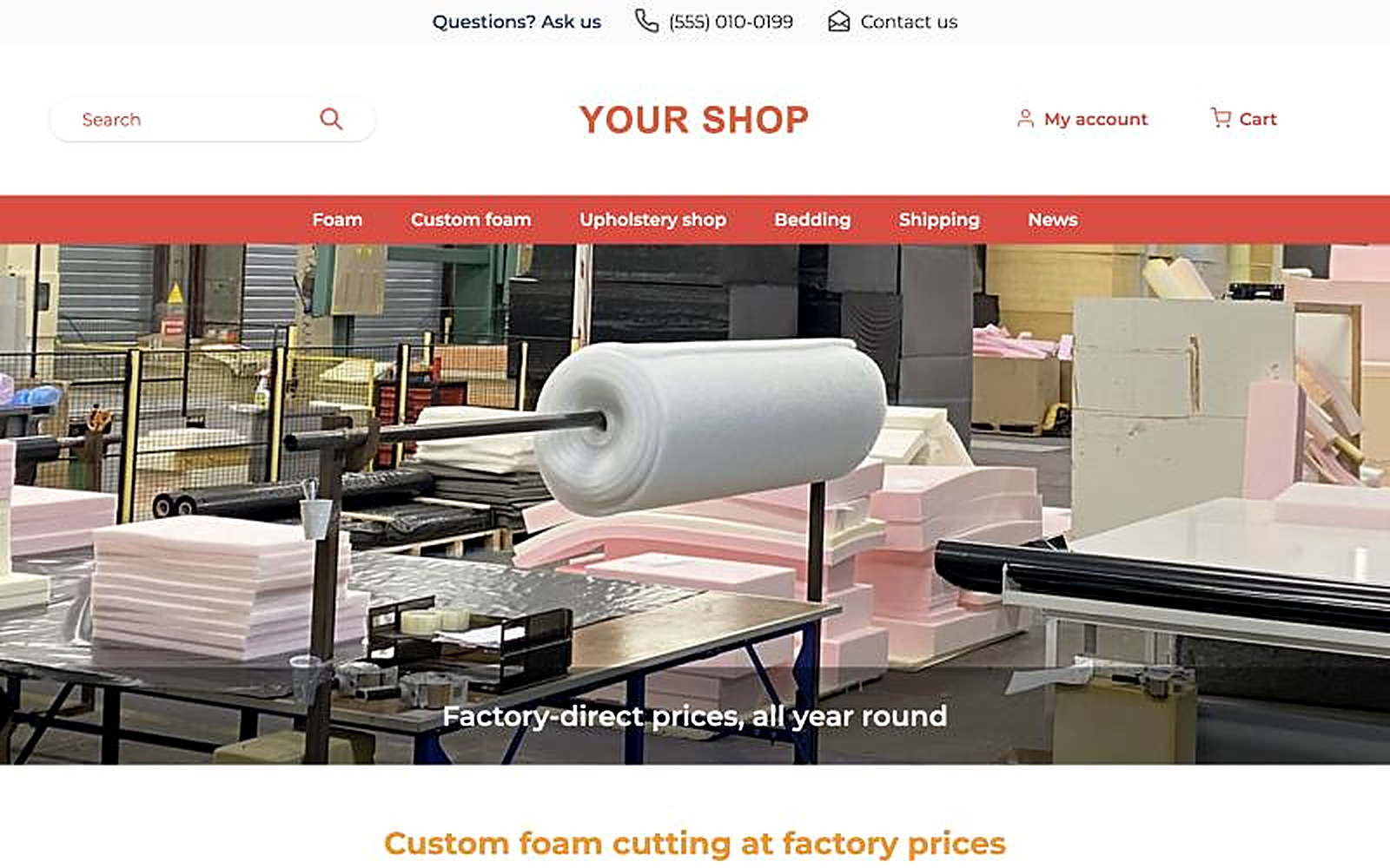 Before: an older foam shop website with a photo slideshow and a phone number to call